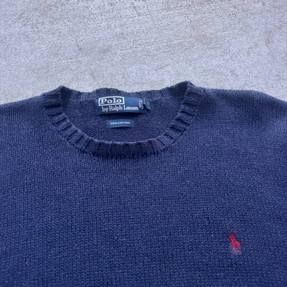 Polo Ralph Lauren Mens Navy Blue Cotton Crewneck Sweater Red Pony Logo Size M